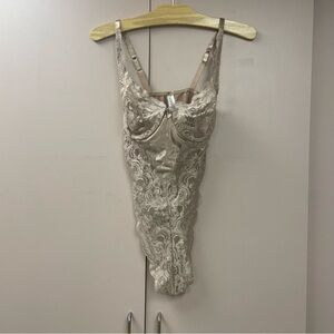 Victoria’s Secret Thong Teddy Beige neutral lace satin  EUC 36C